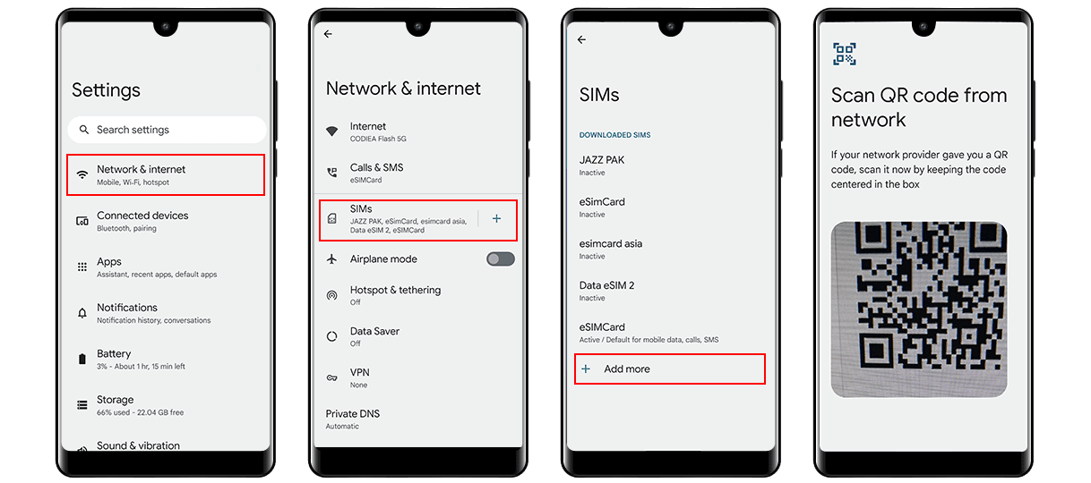 Android дээр eSIM суулгах алхмууд: Settings → Network & internet → SIMs → Add more → QR код уншуулах
