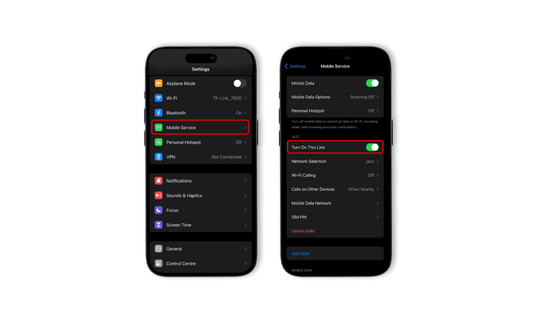 iPhone дээр eSIM идэвхжүүлэх: Settings → Mobile Service → Turn On This Line