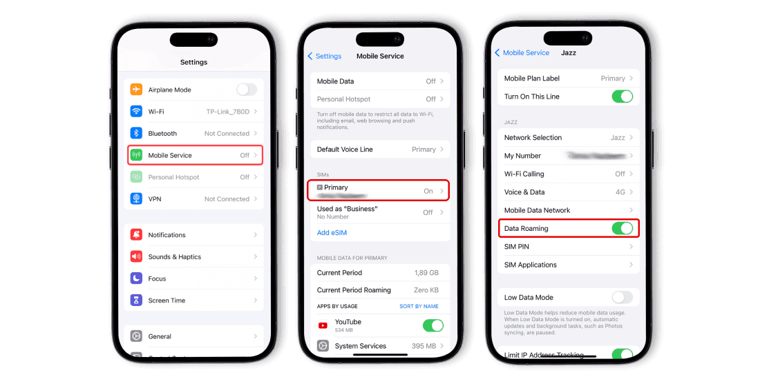 iPhone дээр Data Roaming асаах: Settings → Mobile Service → SIM → Data Roaming